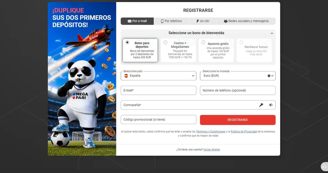 Formulario de registro de Megapari con los bonos y el selector de moneda